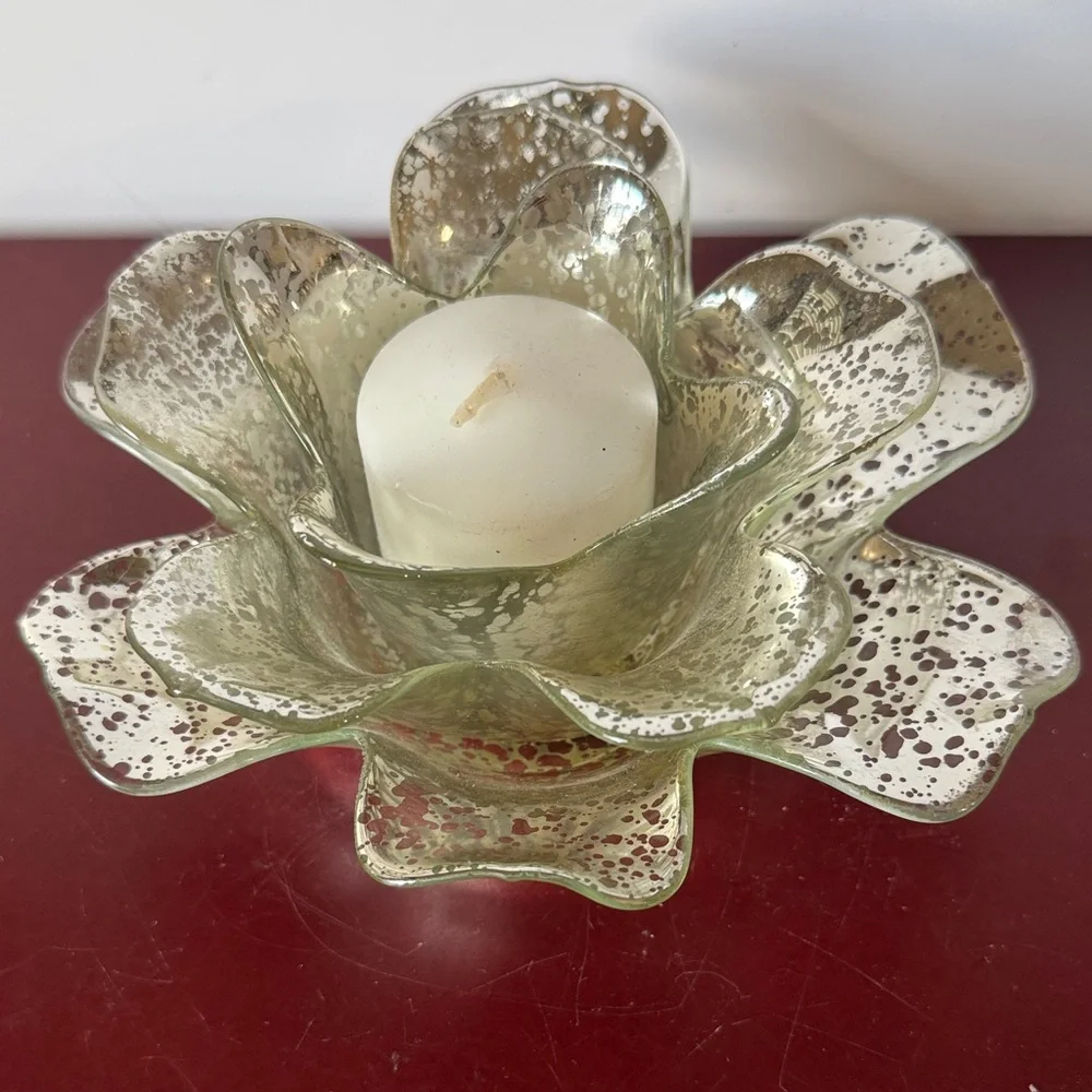 Vintage 2 piece Petal Glass Votive Candle Holder: Silver Splatter Paint Diameter